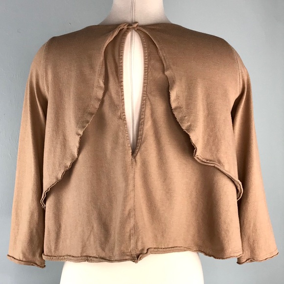 Free People Brown Crop Top Size XS Blouse 3/4 Sleeves Raw Edge Sustainable Boho - Picture 7 of 8